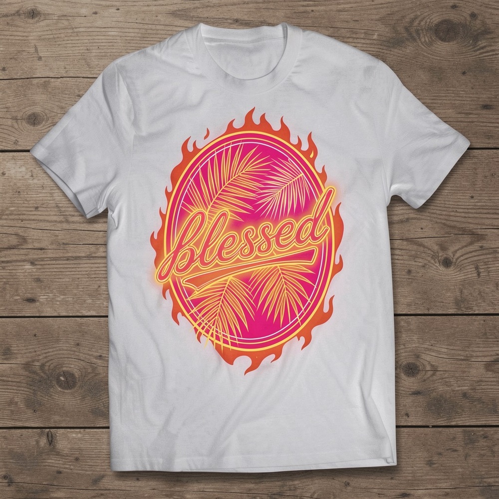 Gildan White Tee with Pink, Orange and Yellow 'Blessed' Graphic